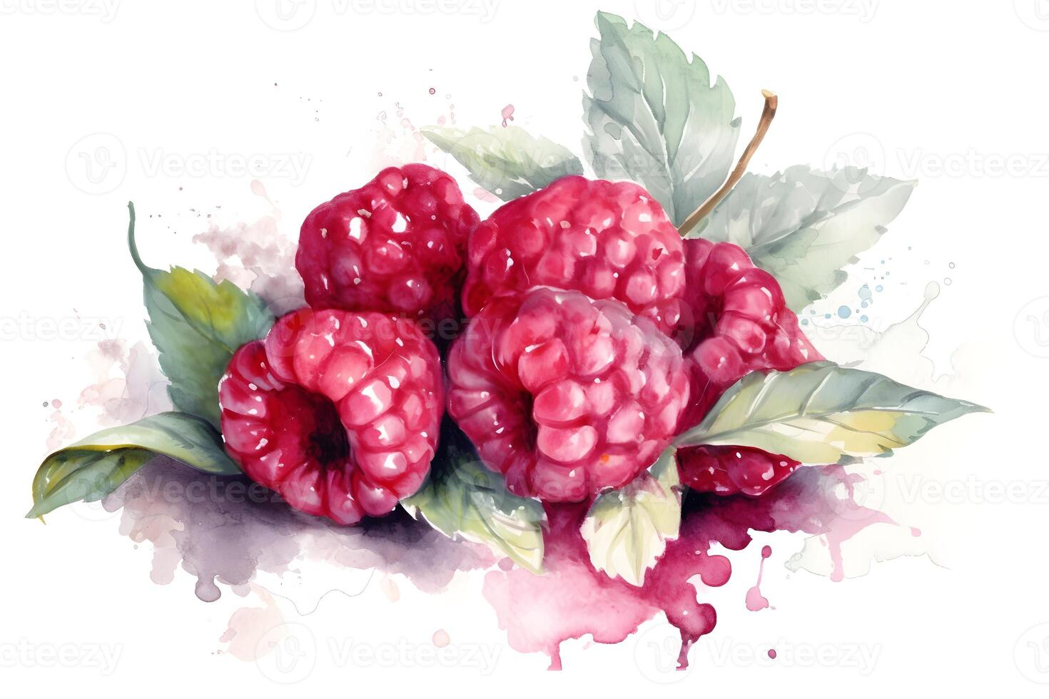 Watercolor painting of raspberry on white background. . photo