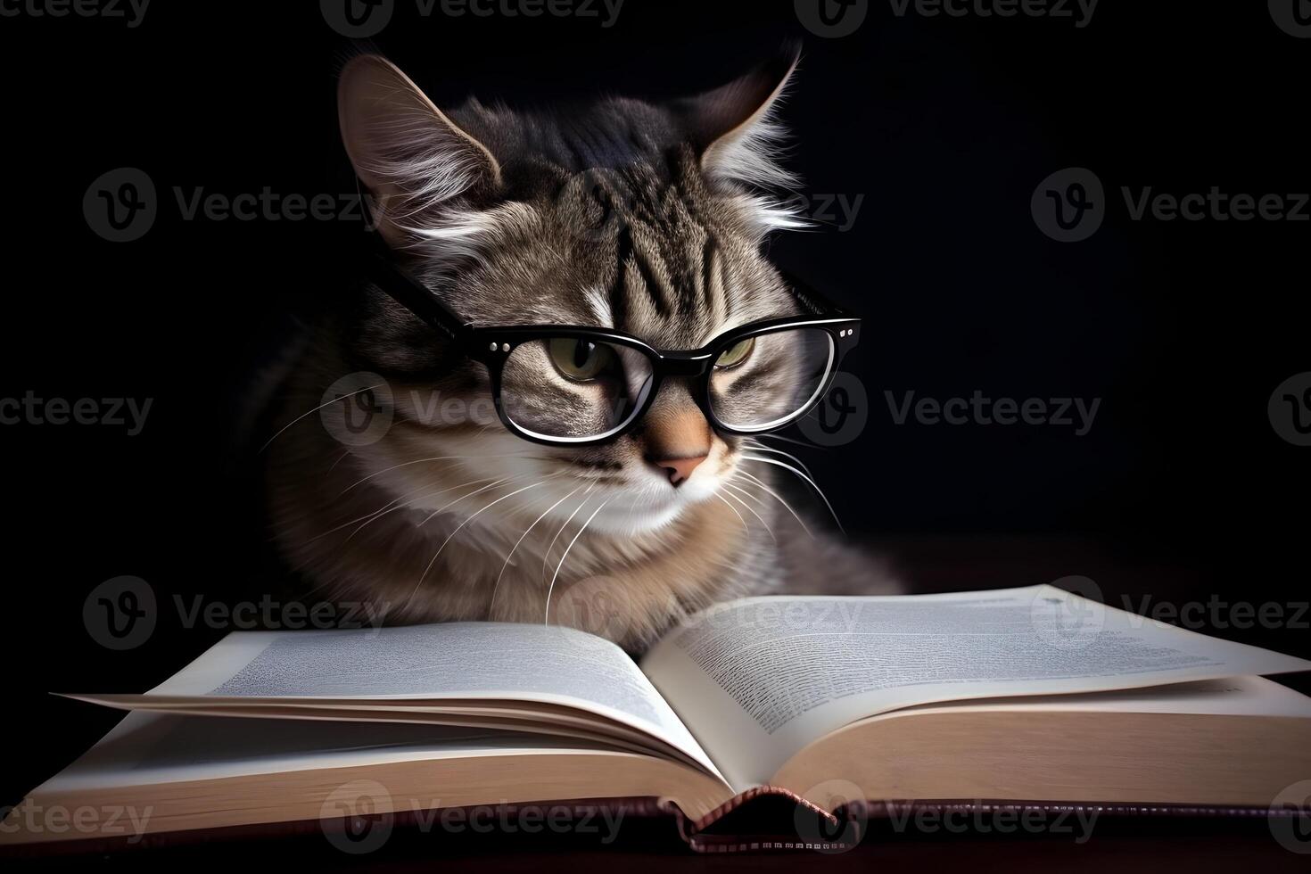 Cat in the glasses reading a book on black background. . photo