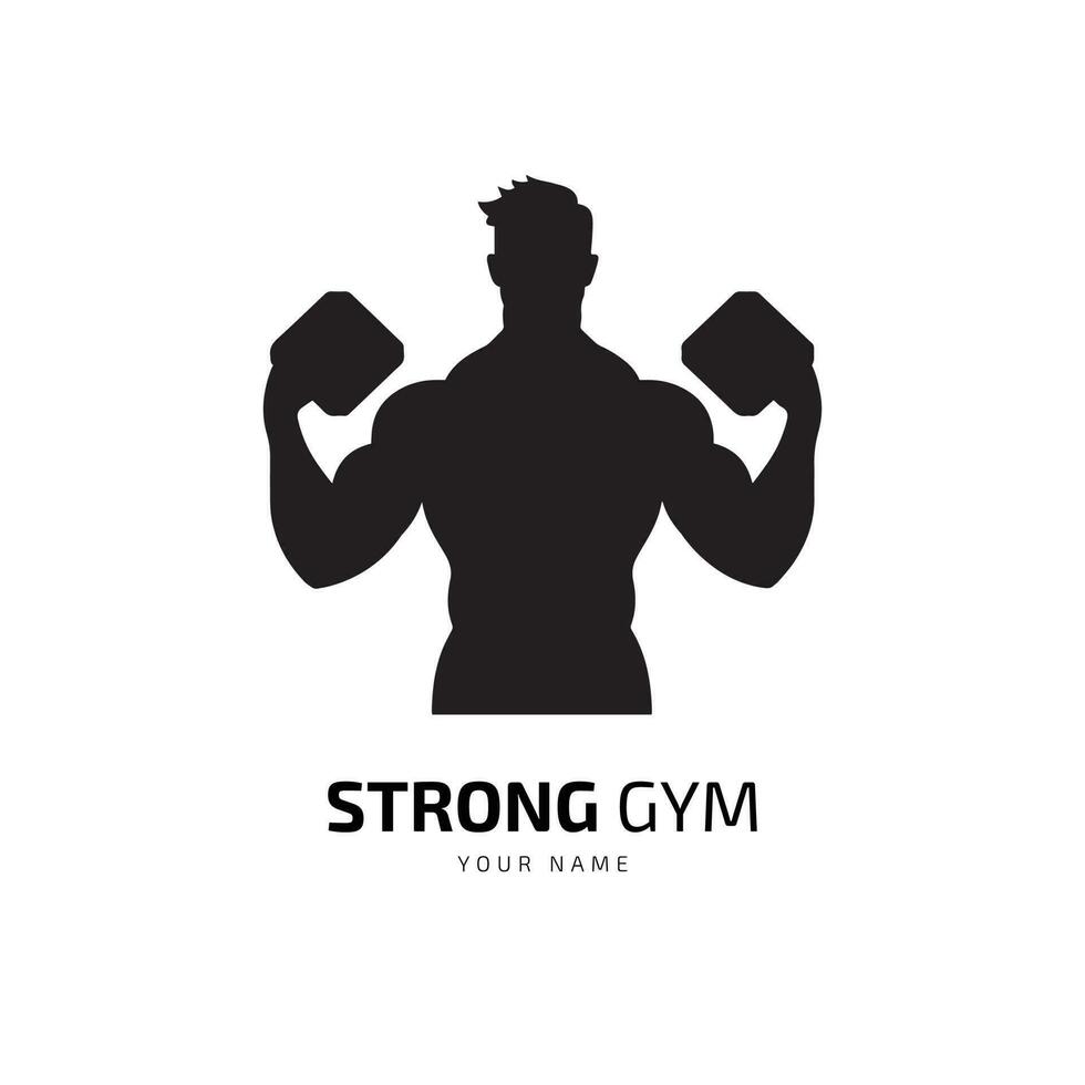 strong gym logo with hand holding dumbbell and back side image vector