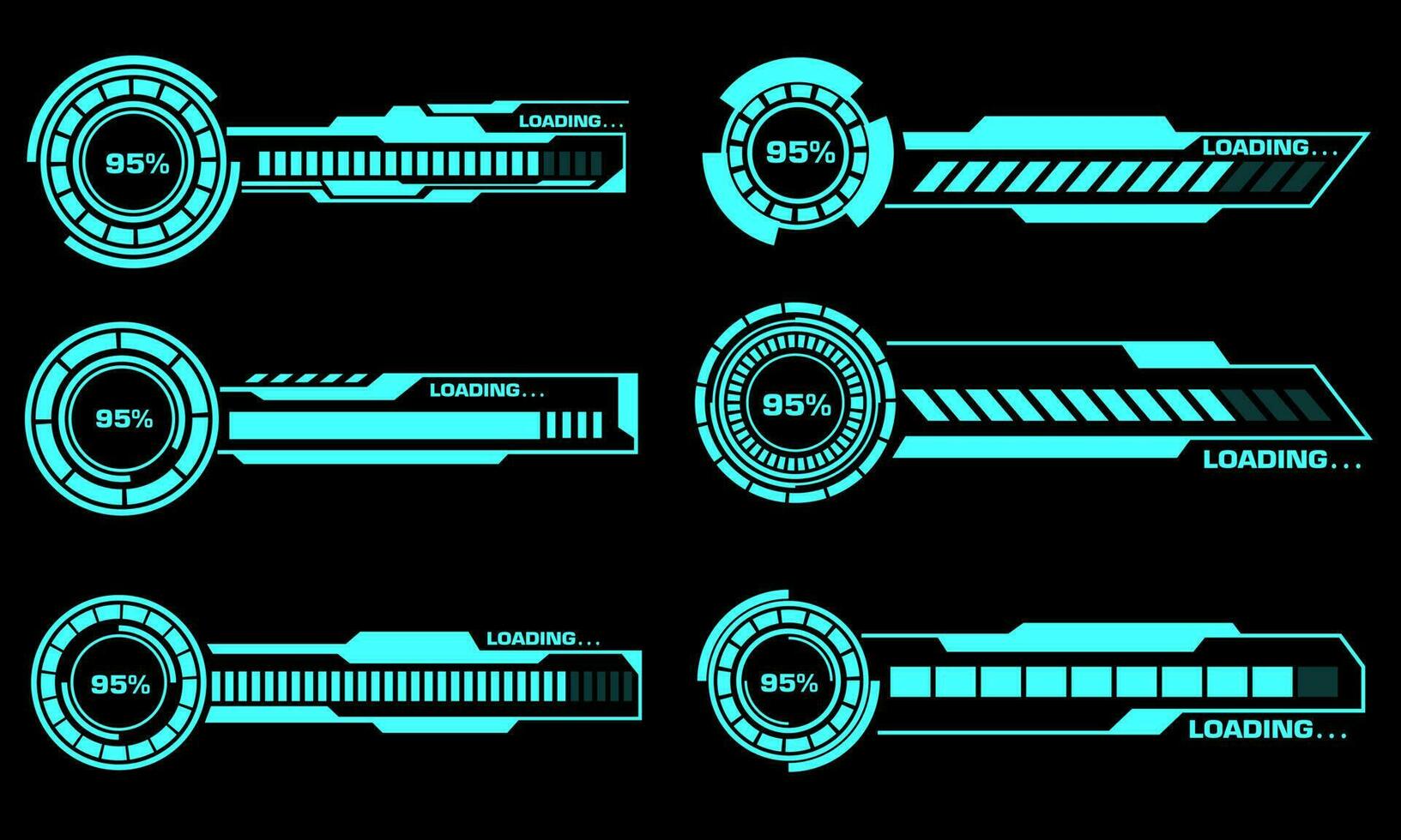 Set of HUD modern loading progress bars user interface elements design technology cyber blue on black futuristic vector