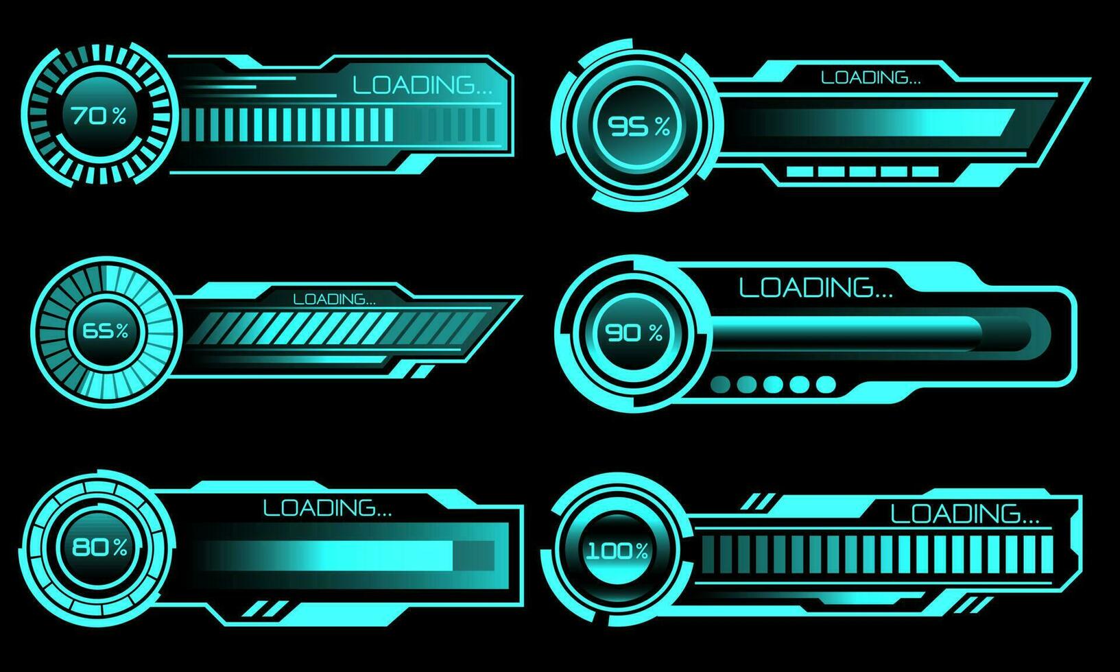 Set of HUD modern loading progress bars user interface elements design technology cyber blue on black futuristic vector