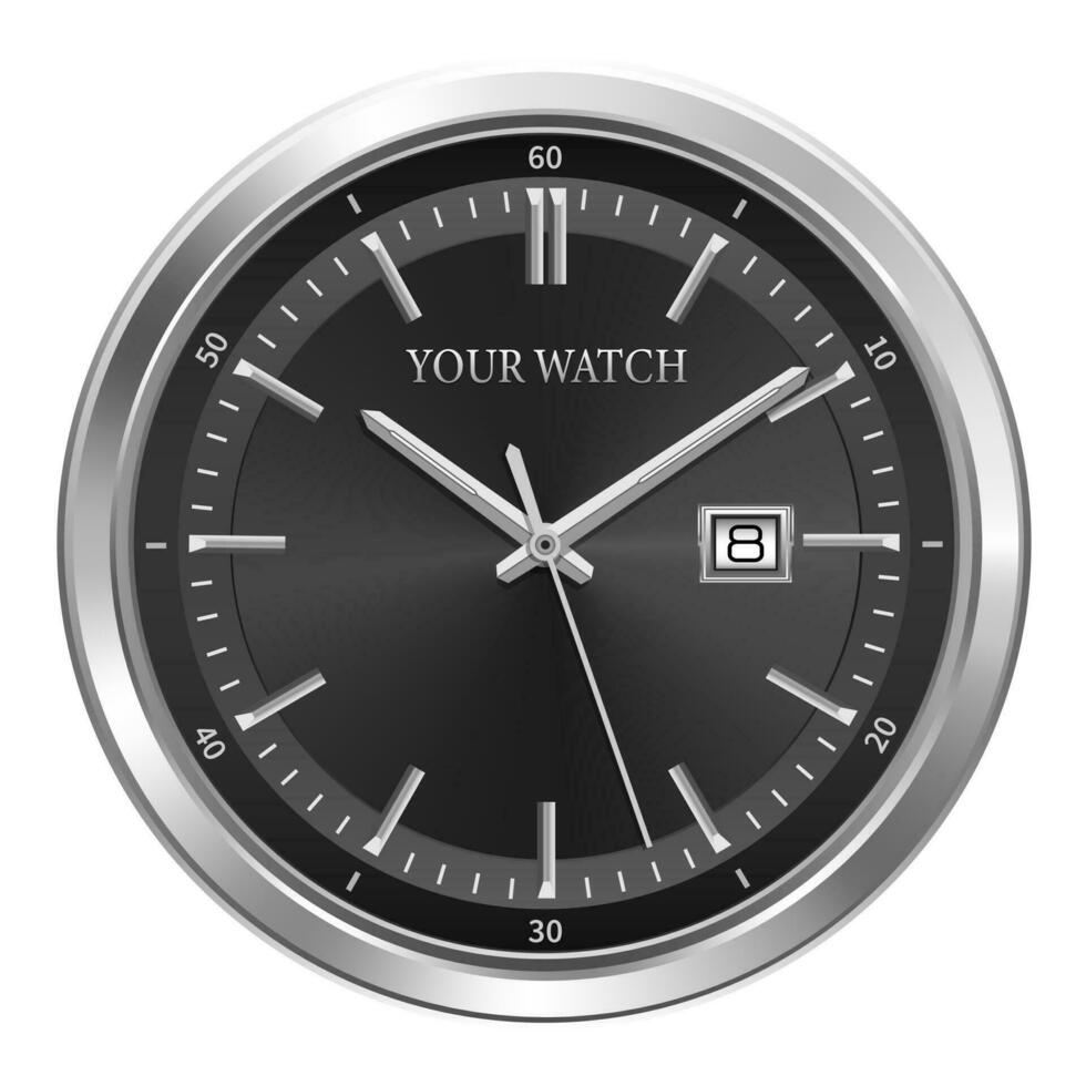 realista negro plata reloj reloj negro cara cronógrafo lujo en blanco antecedentes vector