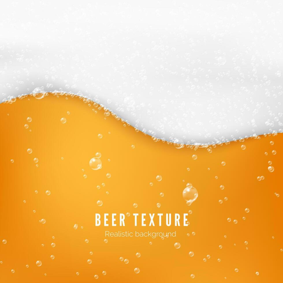 Beer color texture with bubbles and white foam. Fresh cold beer flow banner. Vector illustration
