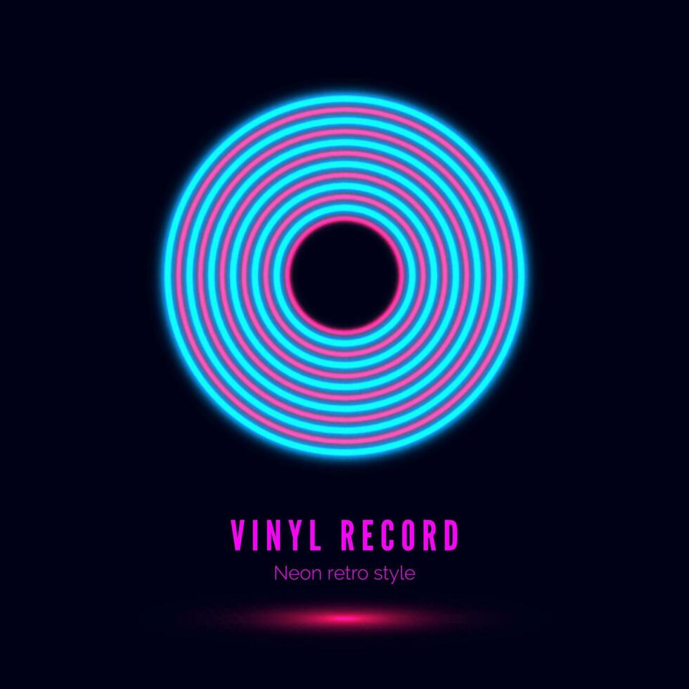 Neon Vinyl Retro Record. Album cover or template for party invitation in retro style. Vector