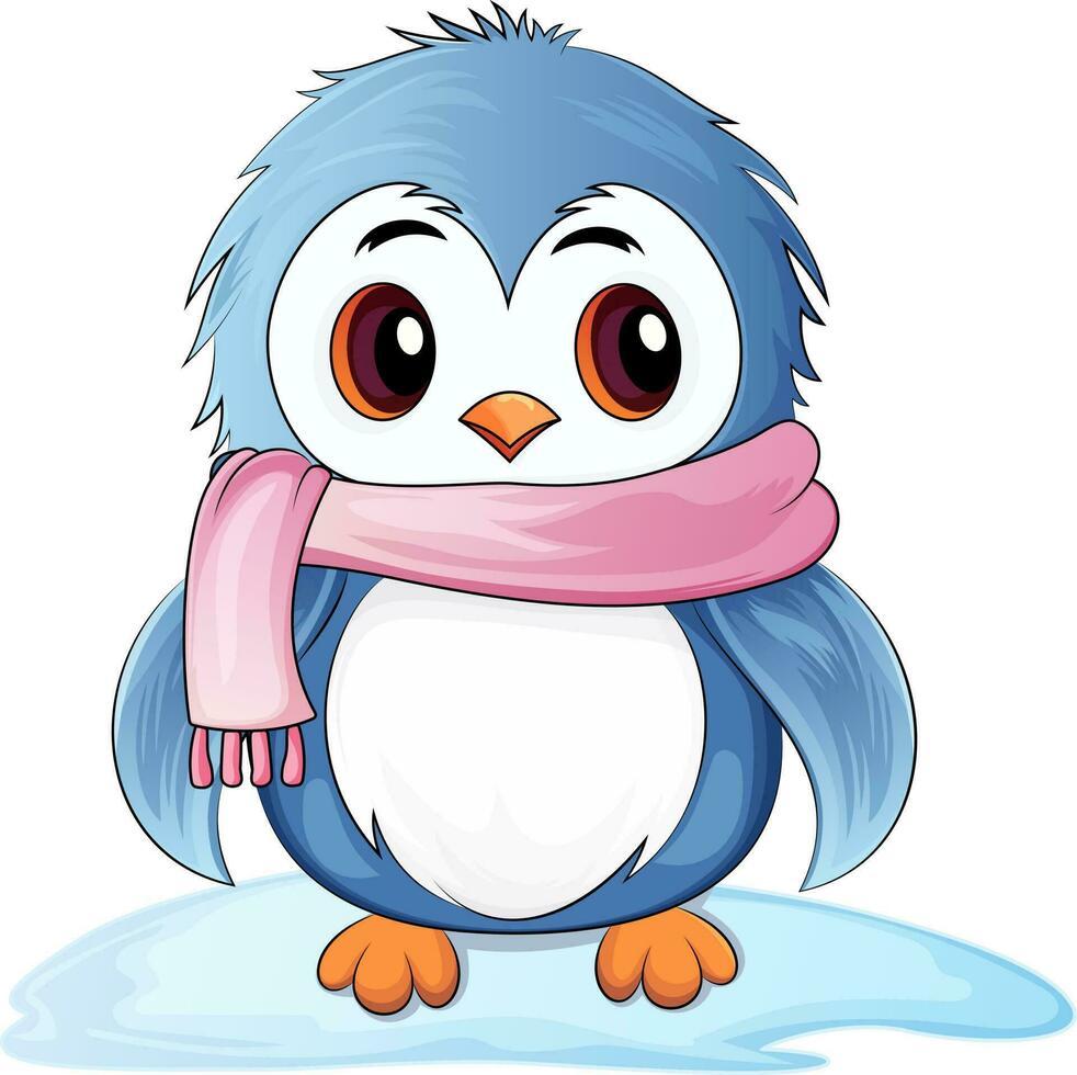 A cartoon penguin with a pink scarf on its neck is standing on an ice cube. Penguin Cartoon vector illustration.