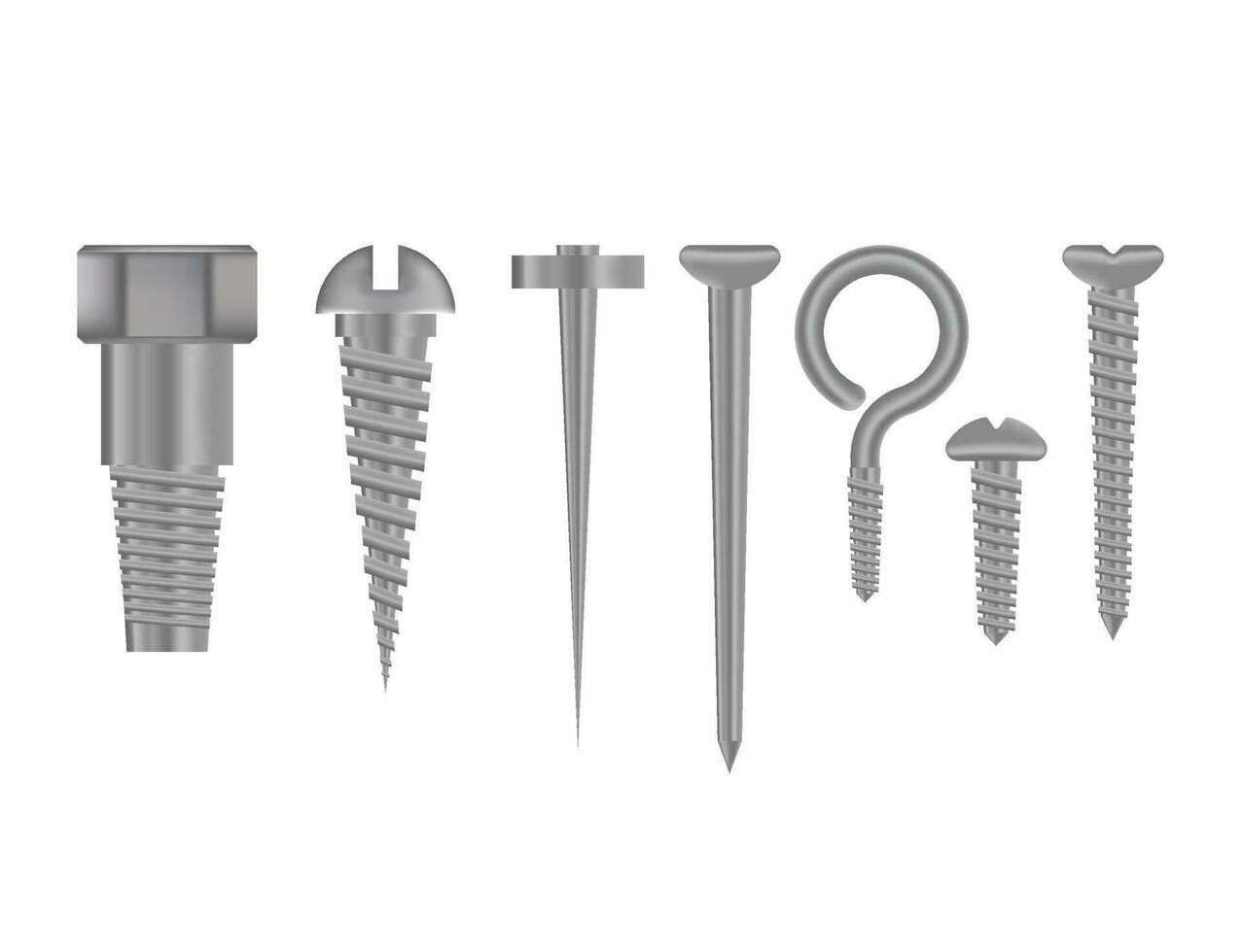 Set of realistoic metal shiny bolts nuts nails. Various iron screws collection vector illustration isolated on white background