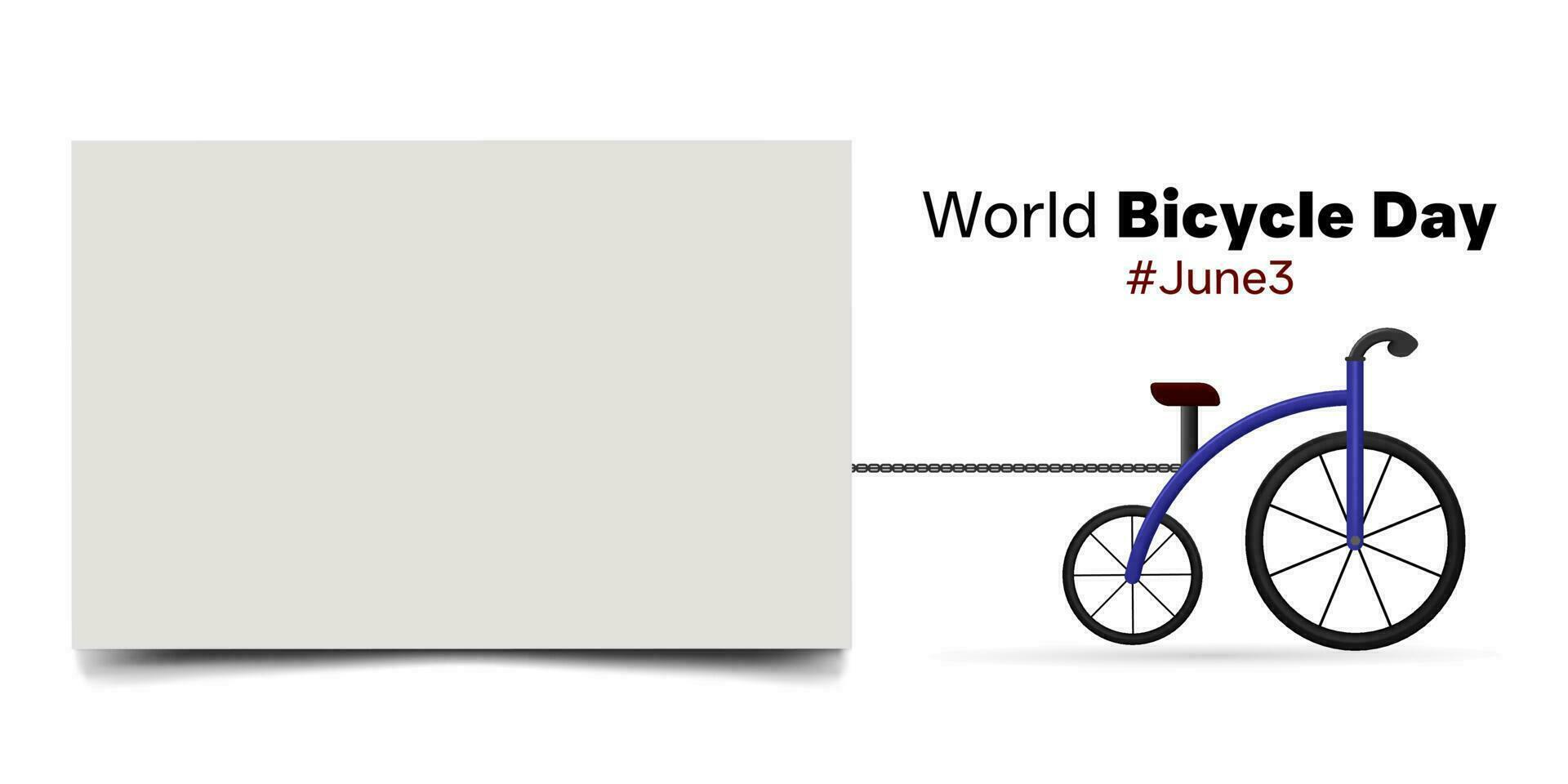 World Bicycle Day Commemorative Greeting Template with a Blank Frame on the Left Side for Additional Text. A bicycle is pulling an empty board frame. vector