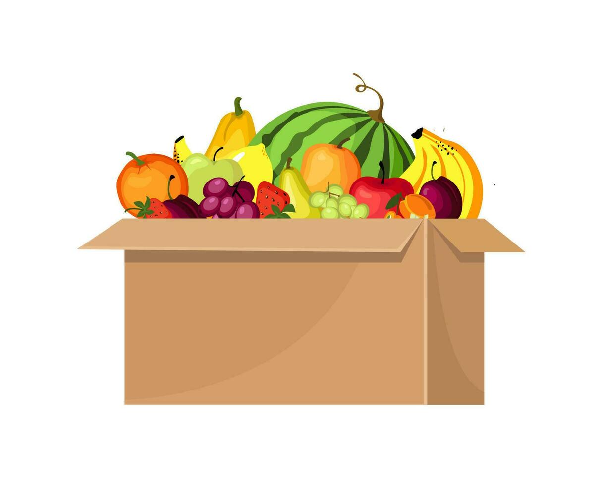 caja con comestibles, Fresco frutas vector. vector