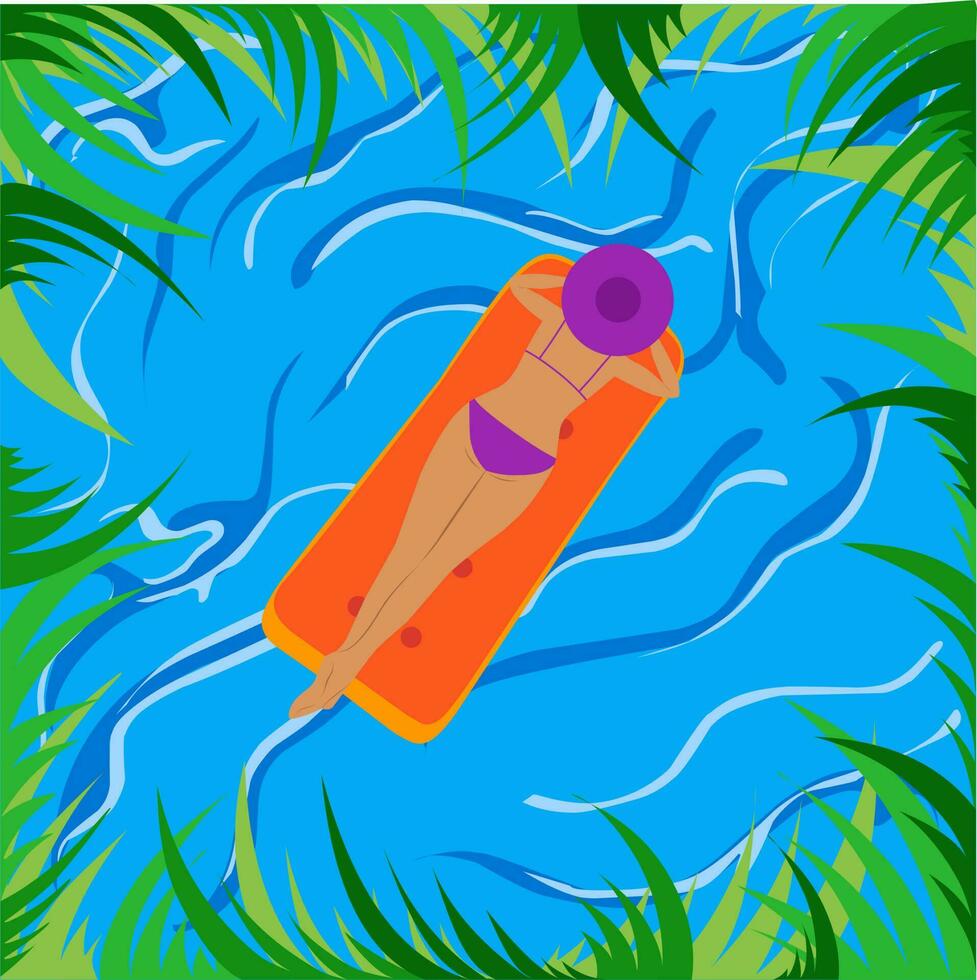 Happy smiling young woman girl character relaxing lying and swimming on inflatable mattress in swimming pool sunbathing and taking photo selfie. Summer time season holiday vacation concept. Vector