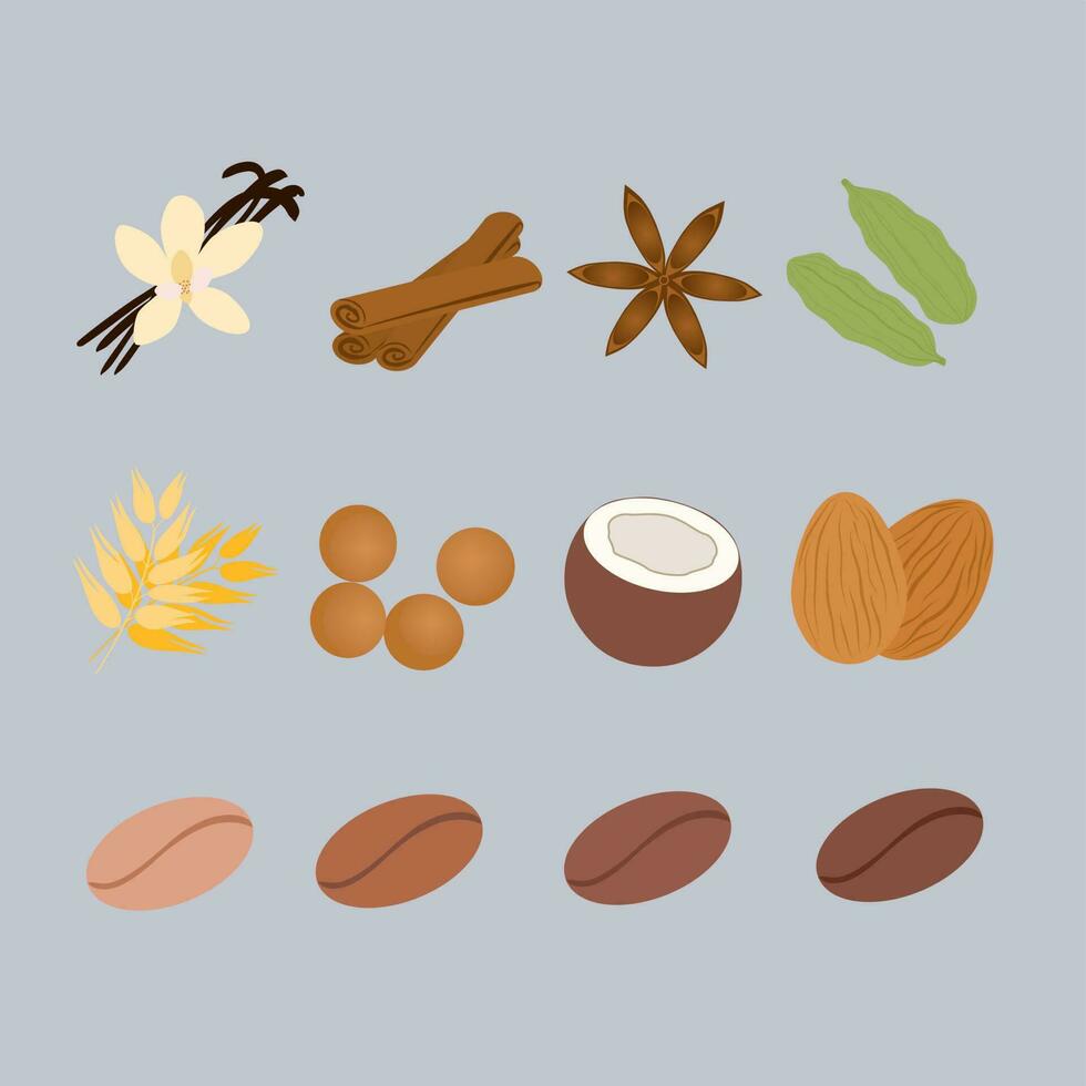 Set of vegan milk coffee ingredients. Vector illustration.