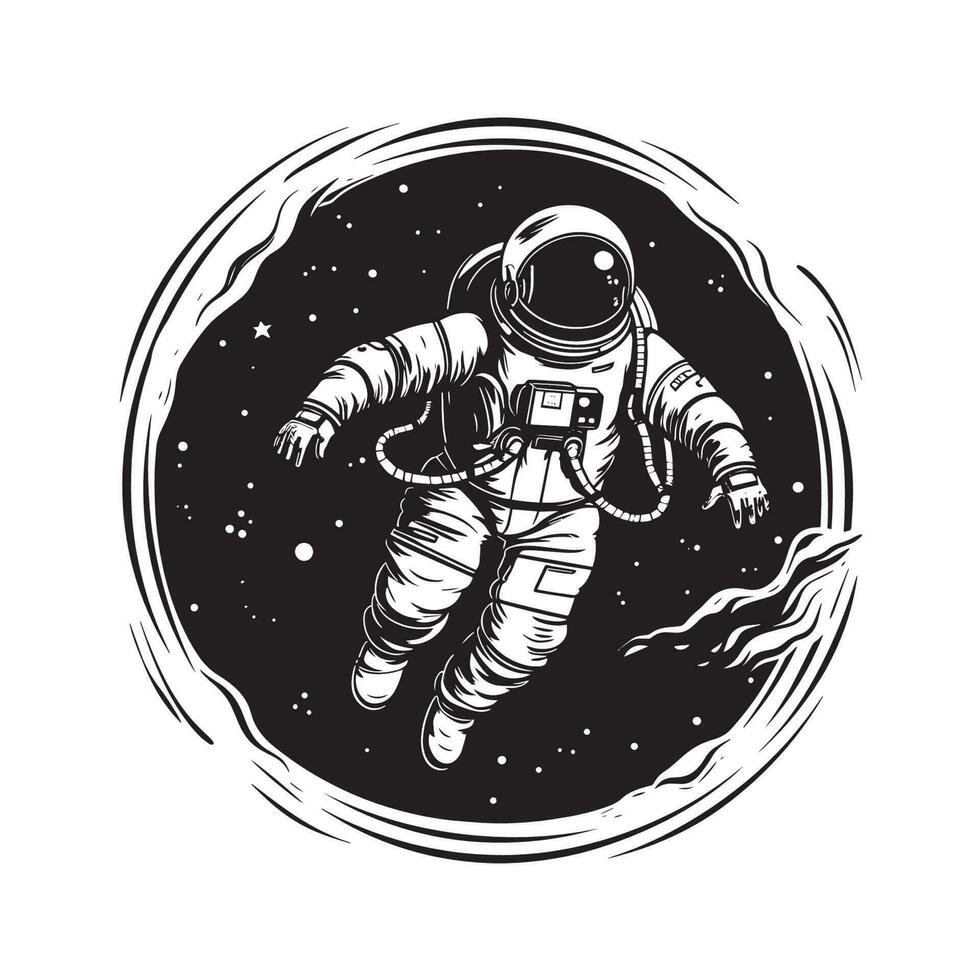 Black and white 2d illustration of astronaut in space template design