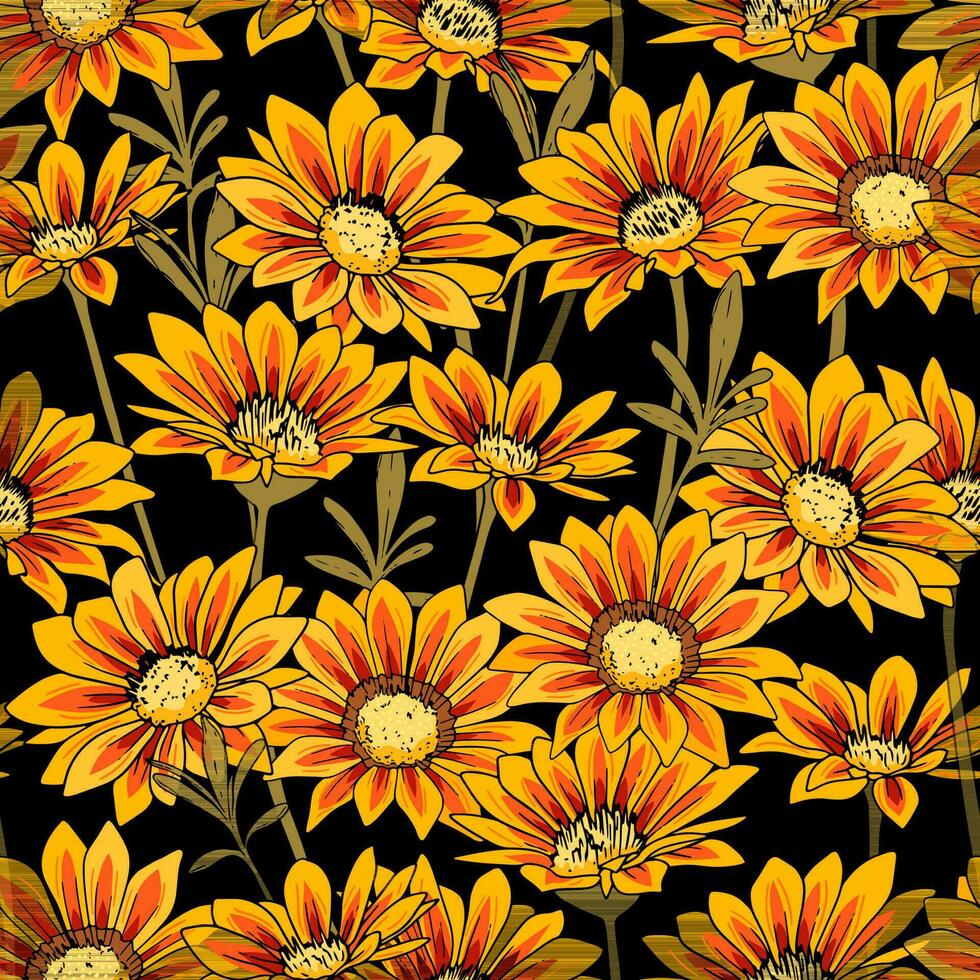 Seamless pattern with yellow and red gazania flower. Botanical gaillardia flower illustration on black background vector