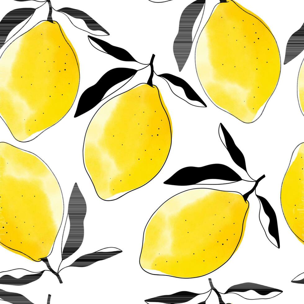 Seamless pattern with watercolor lemons. Black linear graphic citrus print on white background vector