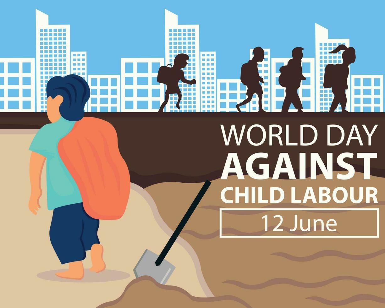 illustration vector graphic of a child works in a field and carries a sack, showing silhouette of children going to school, perfect for international day, world day against child labour, celebrate.