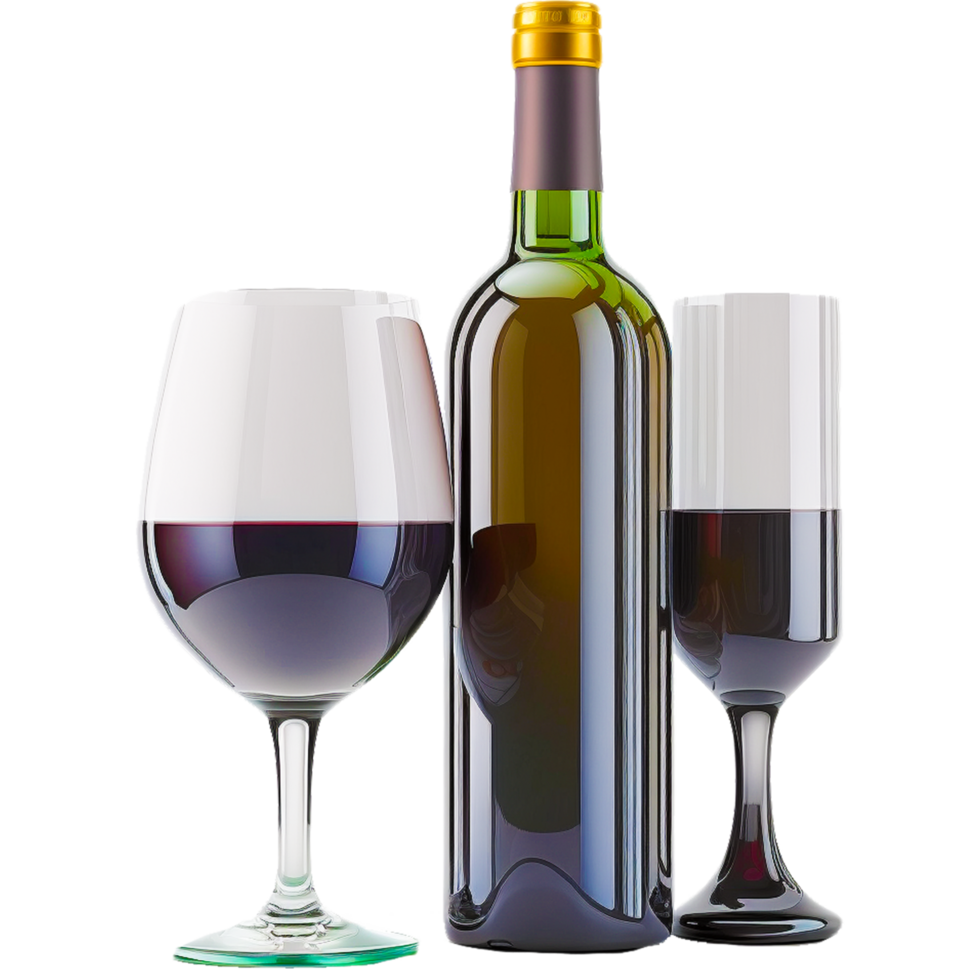 Transparent bottle with red wine and glass png