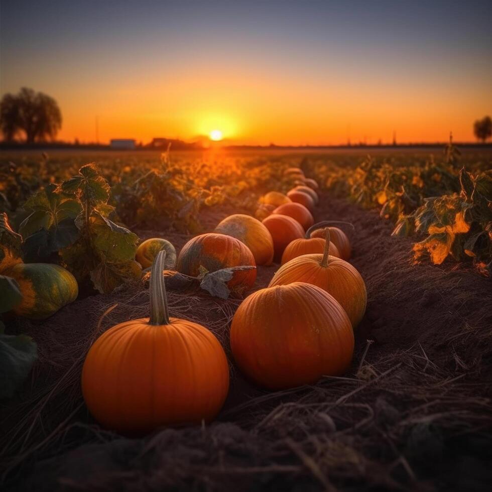 grupo de calabazas en campo a puesta de sol ilustración ai generativo foto