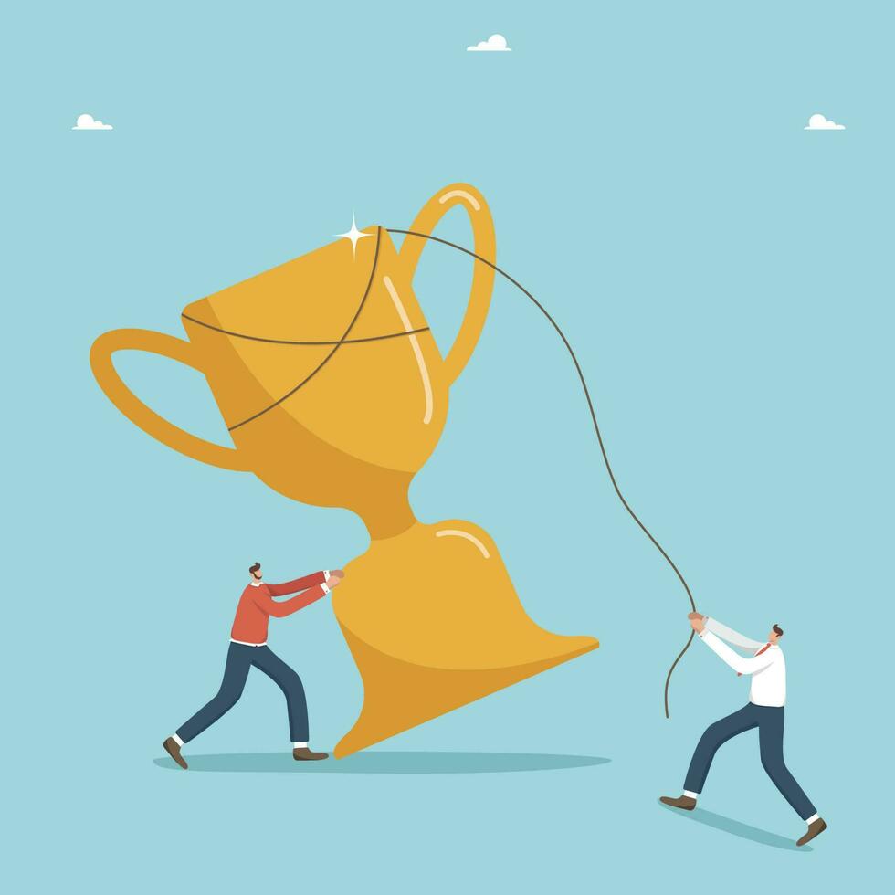 Teamwork to achieve the highest result in work, brainstorming to find the right strategy and business prosperity, cooperation and partnership to achieve goals and win, two businessmen raise the cup. vector