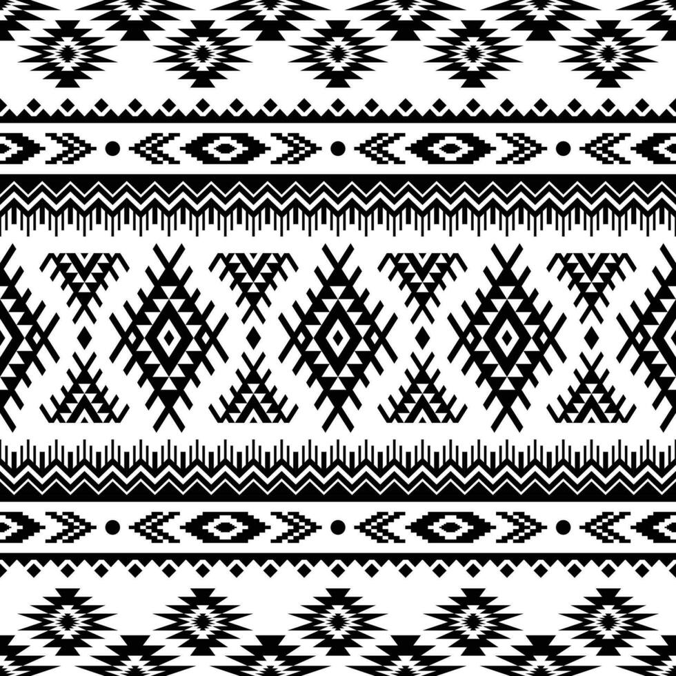 Geometric abstract tribal texture design. Seamless ethnic pattern. Vector illustration in Navajo style. Black and white color. Design for textile, fabric, clothing, curtain, rug, ornament, background.