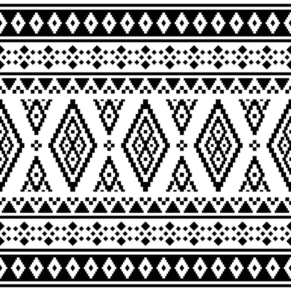 tribal motivos diseño con píxel modelo. geométrico resumen sin costura étnico modelo. negro y blanco colores. diseño para textil, tela, ropa, cortina, alfombra, ornamento, fondo, envase. vector