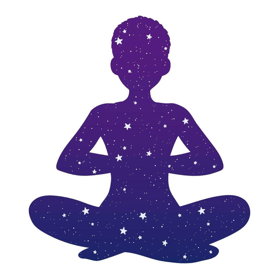 Yoga girl silhouette with stars in lotus position isolated. Chic tattoo, sticker or print design vector illustration