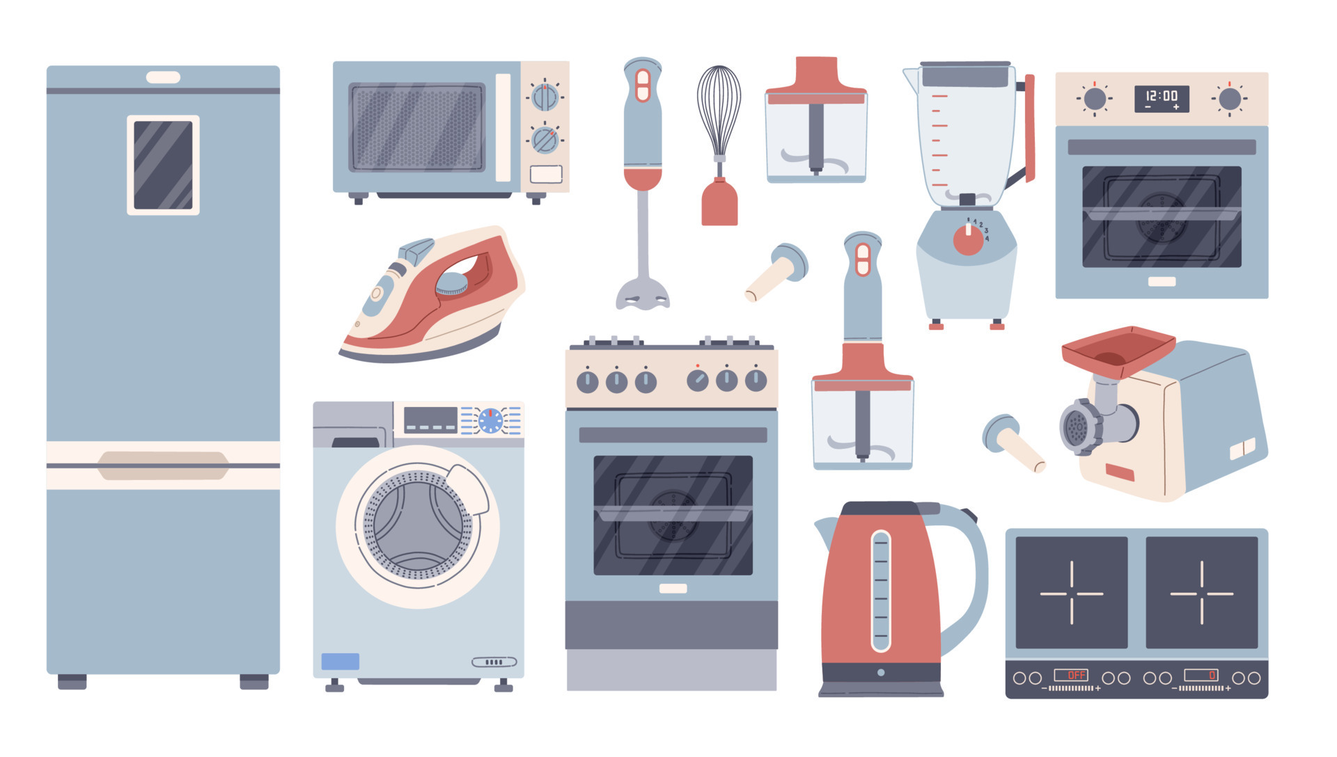 Home appliances set and domestic electronics and machines concept