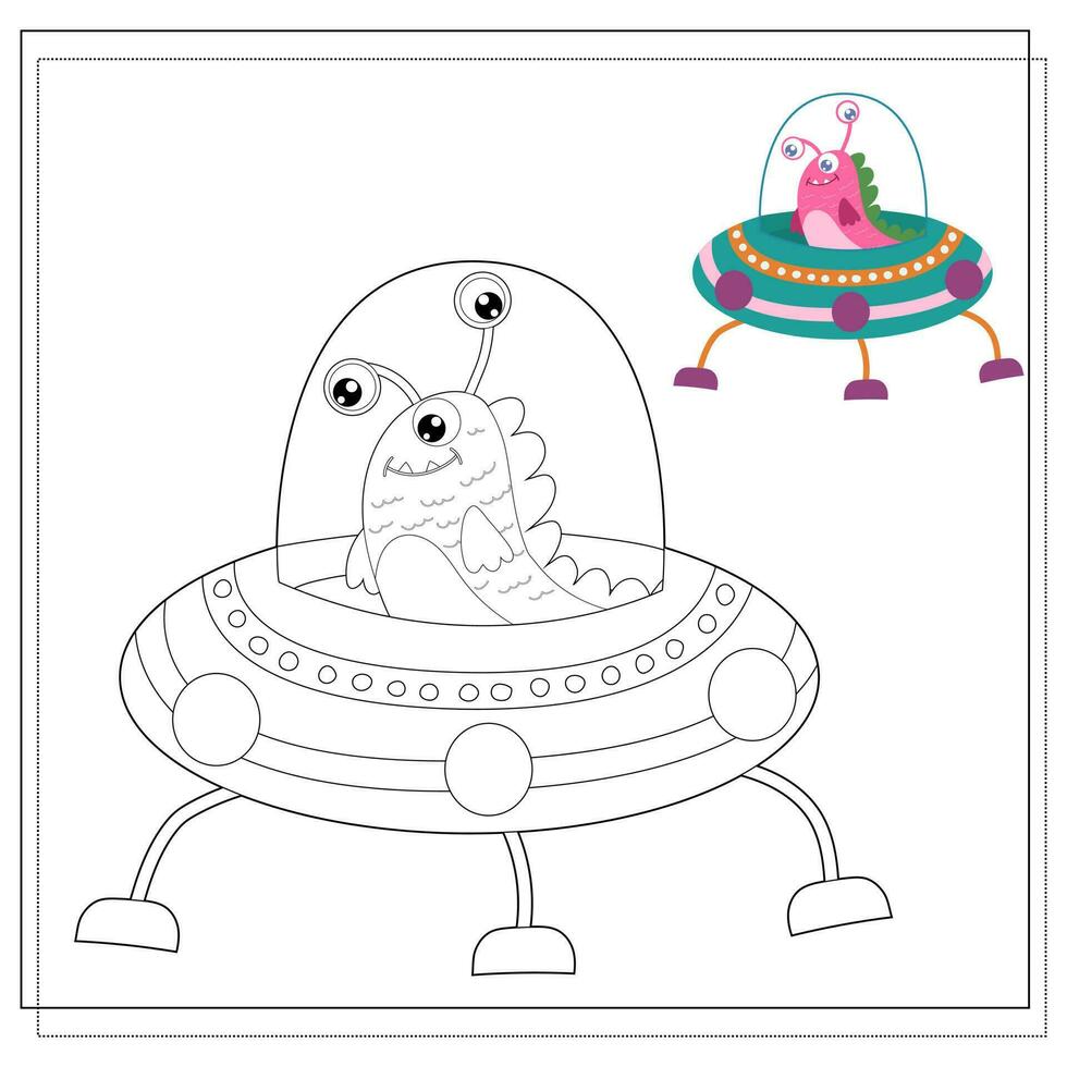 Coloring book for kids, cartoon monsters, aliens in a flying saucer. Vector illustration on a white background.