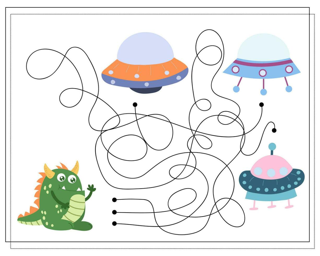 Maze, an educational game for children. Find the way from the cartoon monster to the flying saucer. Vector illustration on a white background