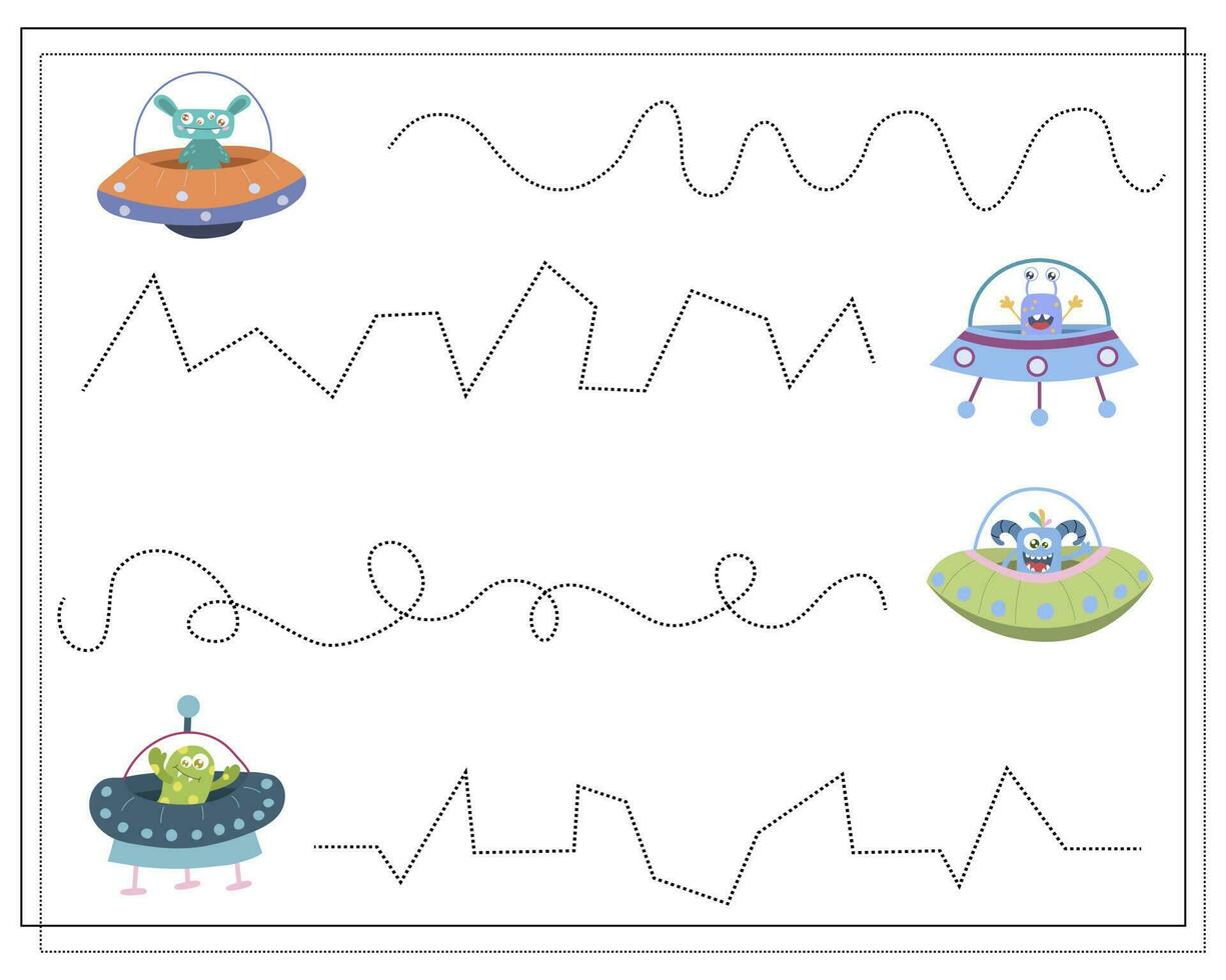 escritura práctica, educativo juego para niños, dibujos animados monstruos, extraterrestres vector