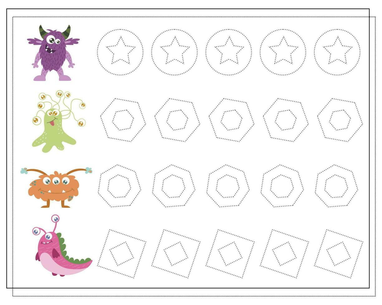 Handwriting practice, Educational game for Kids, cartoon monsters, aliens. vector