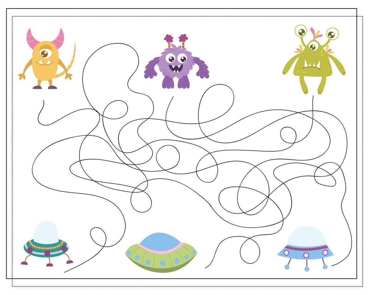 Maze, an educational game for children. Find the way from the cartoon monster to the flying saucer. Vector illustration on a white background