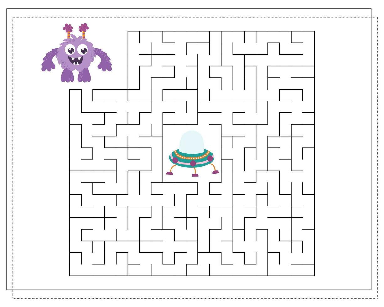 Maze, an educational game for children. Find the way from the cartoon monster to the flying saucer. Vector illustration on a white background