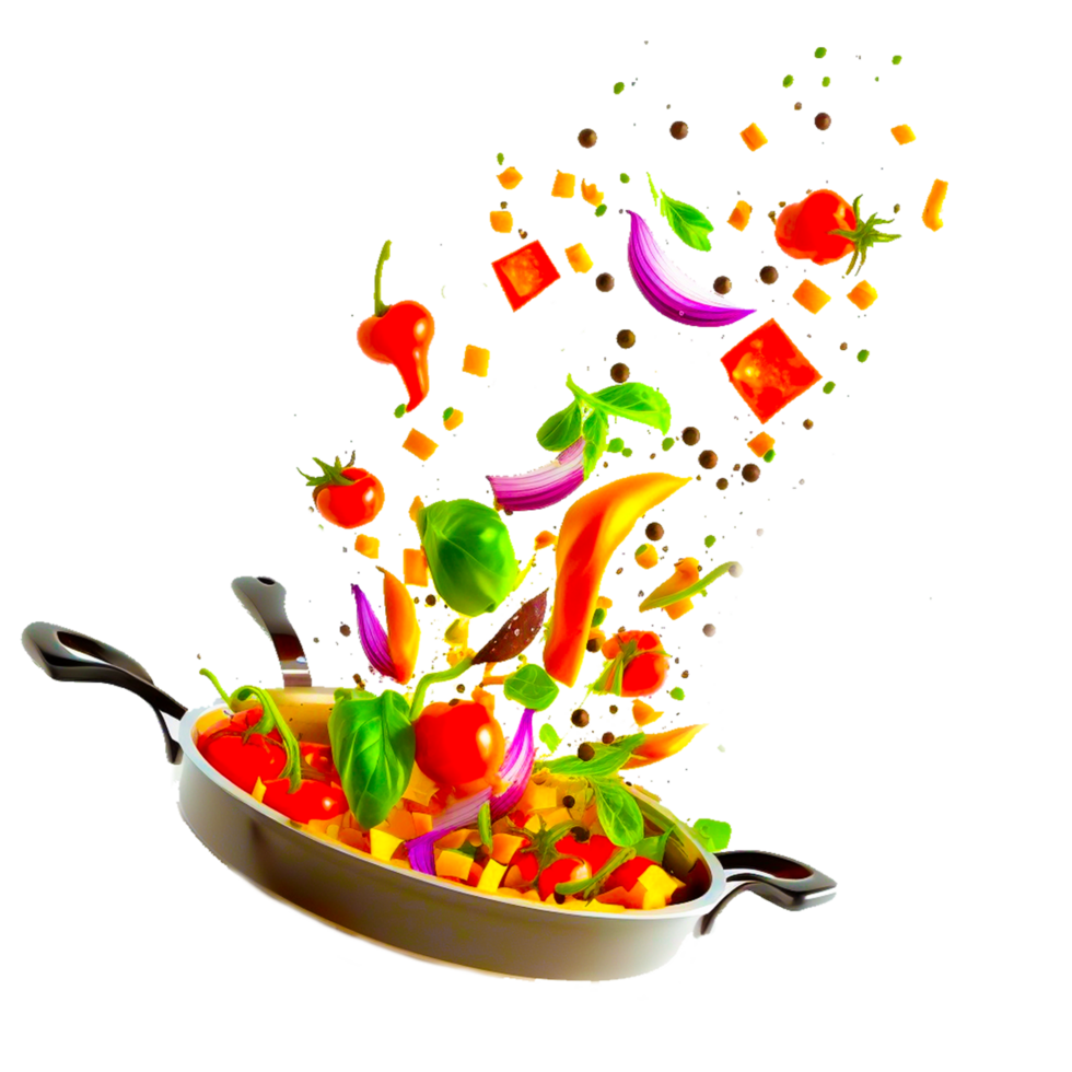 Different vegetables falling into frying pan isolated, mix of sliced flying food png