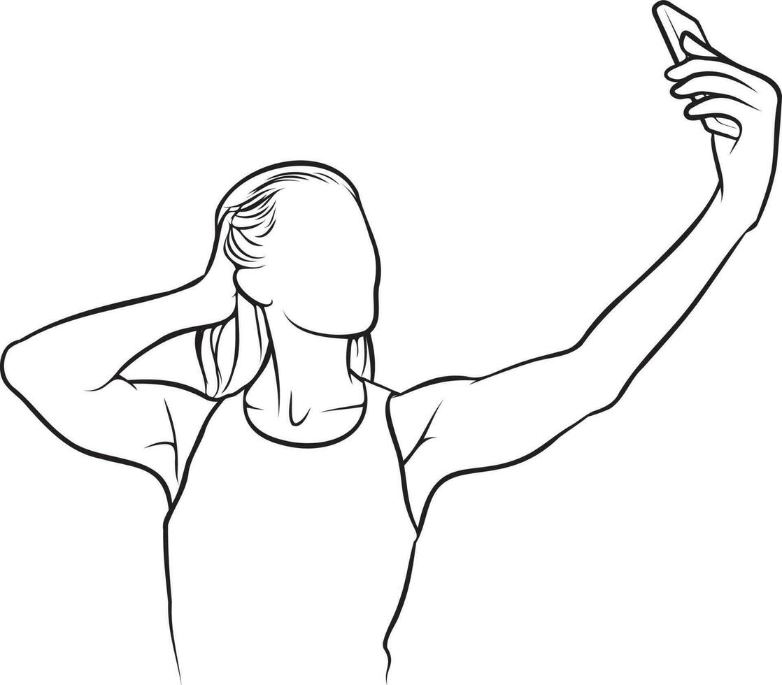 Woman Holding Camera Selfie Line Drawing. vector