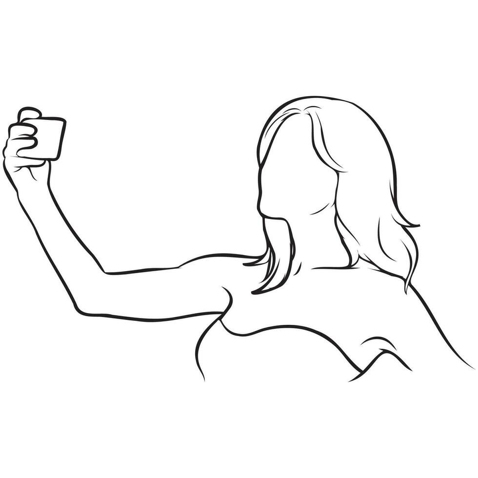 Woman Holding Camera Selfie Line Drawing. vector