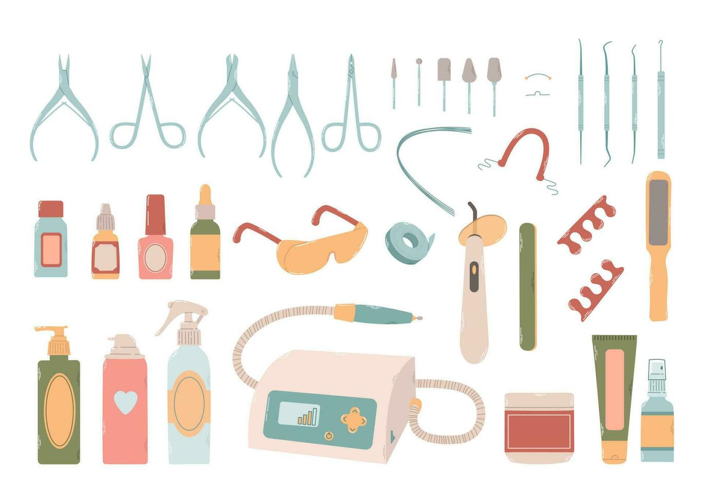 conjunto de diferente frascos, aerosoles, dispositivos, tijeras, tijeras, instrumentos, archivos adjuntos para uña tratos. diseño productos para podologia y pedicure en vistoso plano vector ilustración.