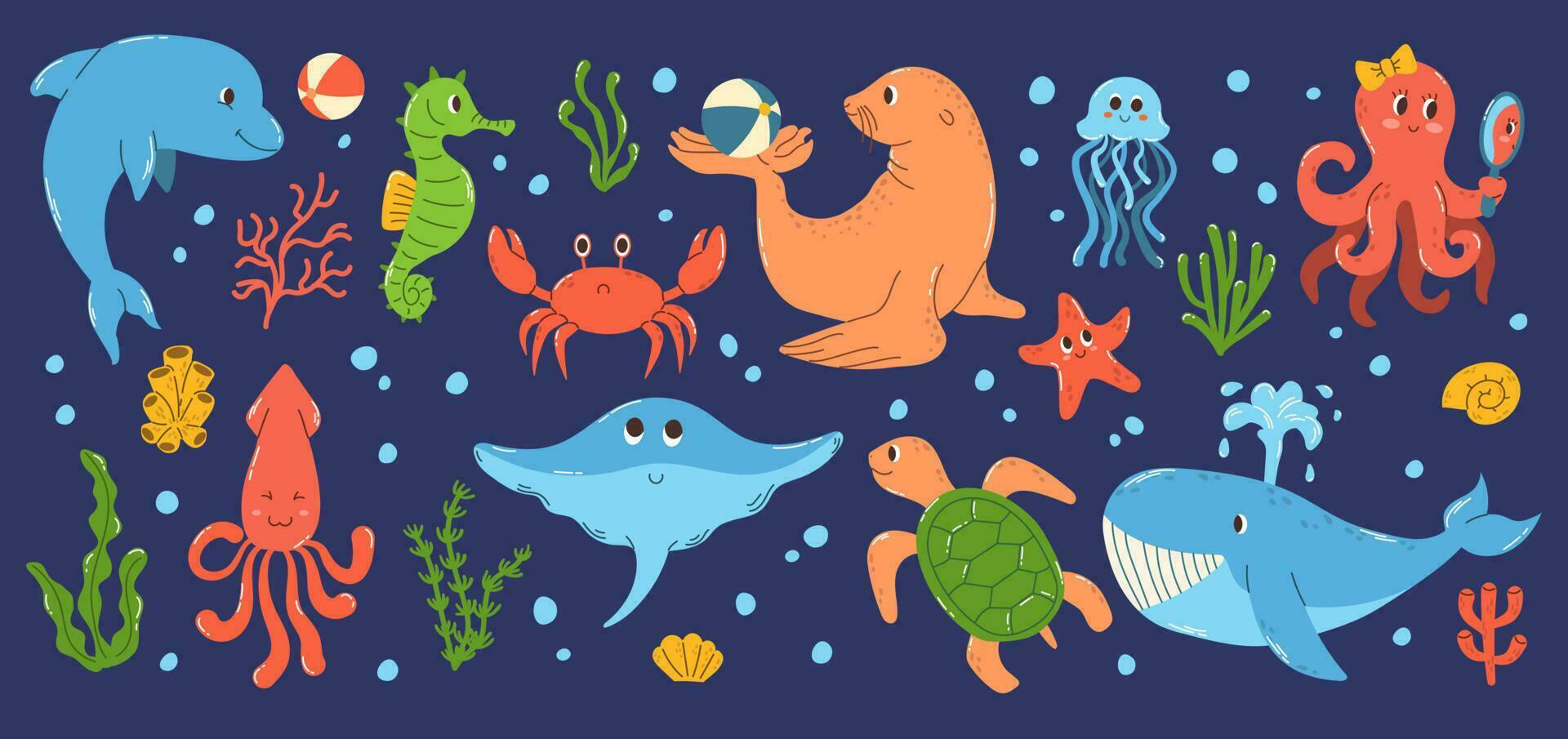 conjunto aislado vistoso mano dibujado marina animales y objetos submarino mundo en plano vector estilo en oscuro azul antecedentes. marina vida vector garabatos