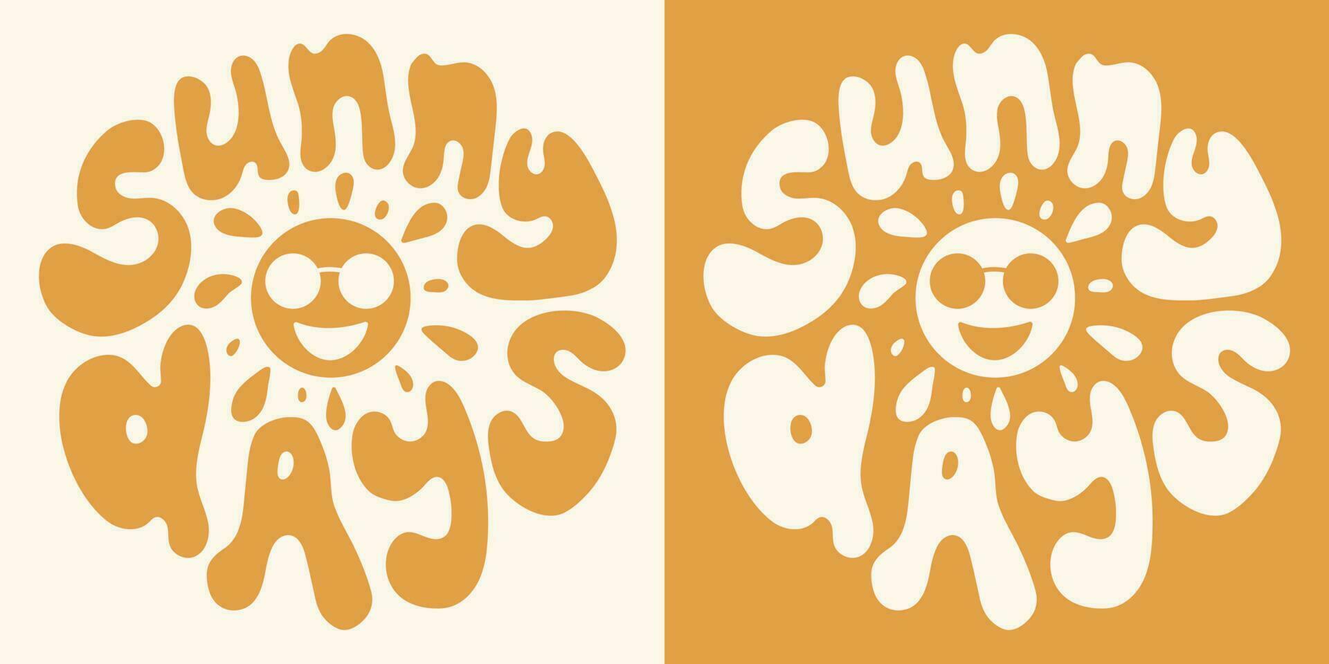 Retro groovy psychedelic lettering Sunny days. Slogan in round shape in vintage style 60s 70s. Trendy groovy print design for posters, cards, tshirts. vector