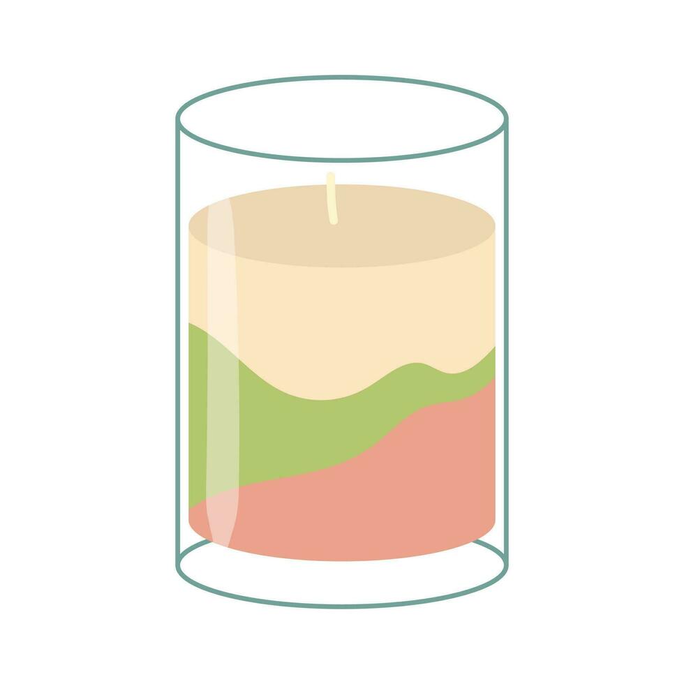 Isolated cartoon colorful wax in glass candle holder. Modern decoration for home interior, spa, relax. Flat vector illustration on white background