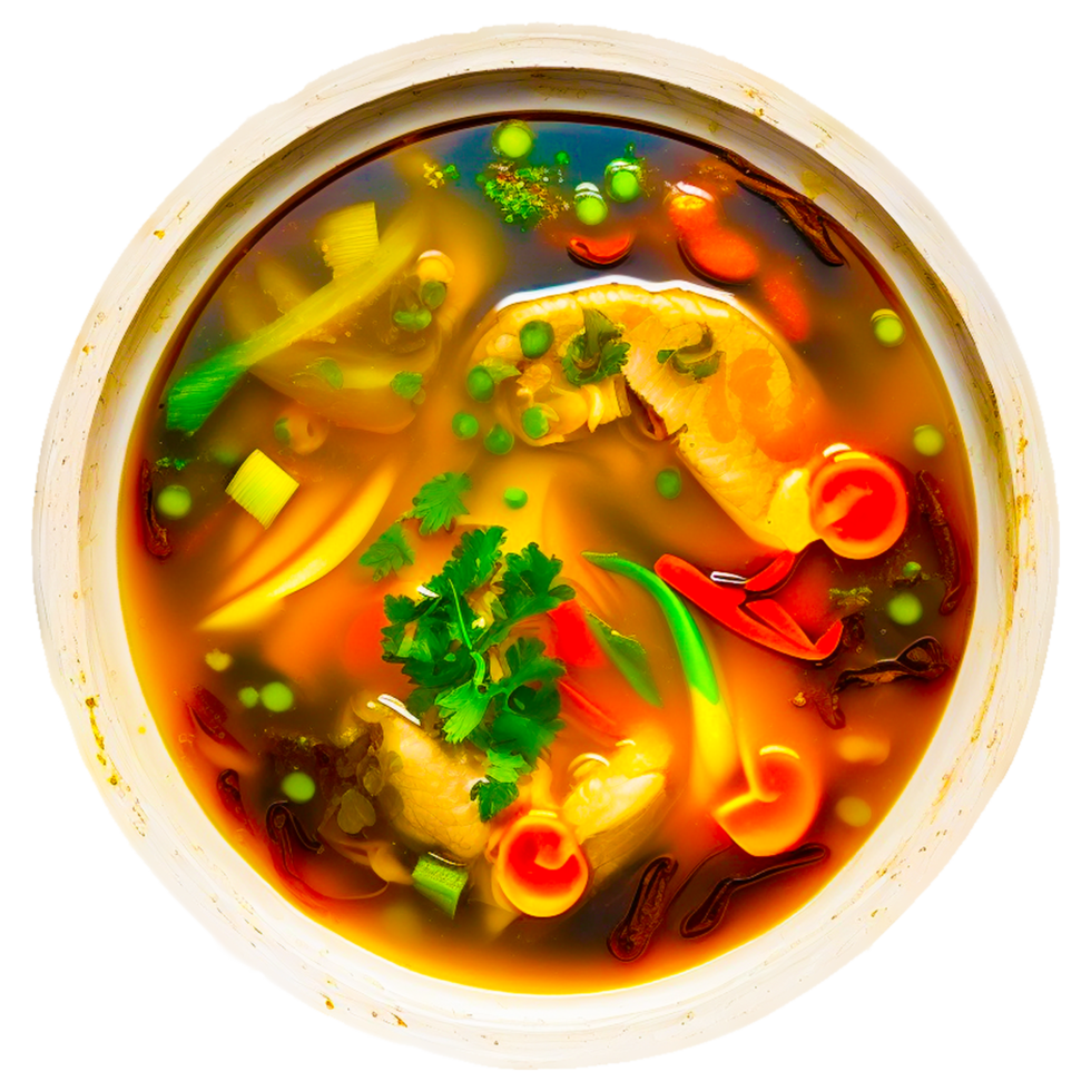 3d Tom yam kung soep in een Boeddha kom De volgende naar een bord van rijst- eetstokjes een lepel Chili paprika's PNG ai generatief