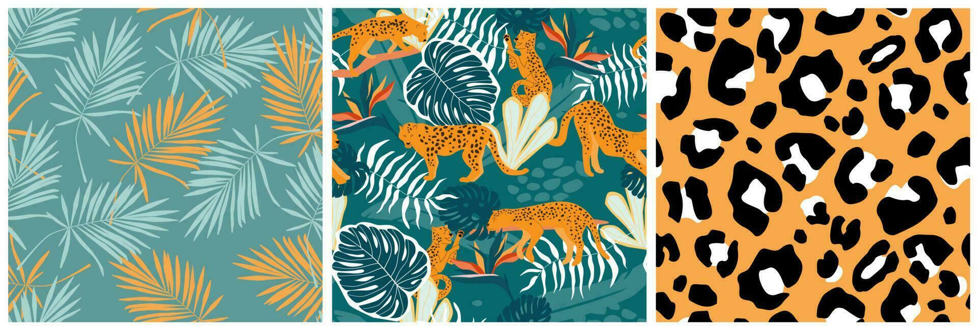 conjunto de sin costura modelo con leopardos en el selva con palma arboles y flores, animal impresión. depredador gatos en un natural tropical impresión. vector gráficos.