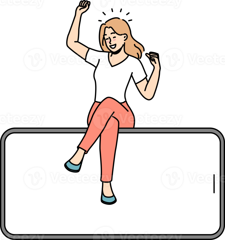 Smiling woman sit on mobile with mockup screen png