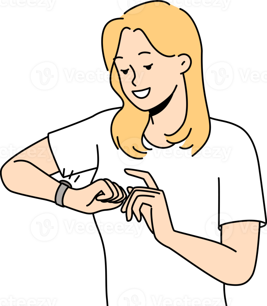 Smiling woman check time on wristwatch png