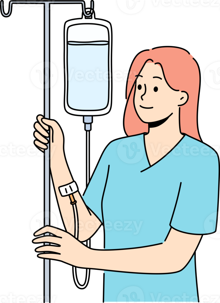 Happy woman with intravenous saline drip png