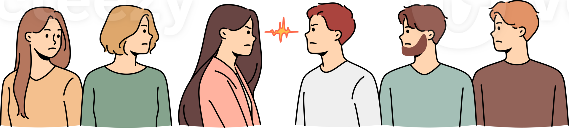 Determined men and woman stand opposite look in eyes png
