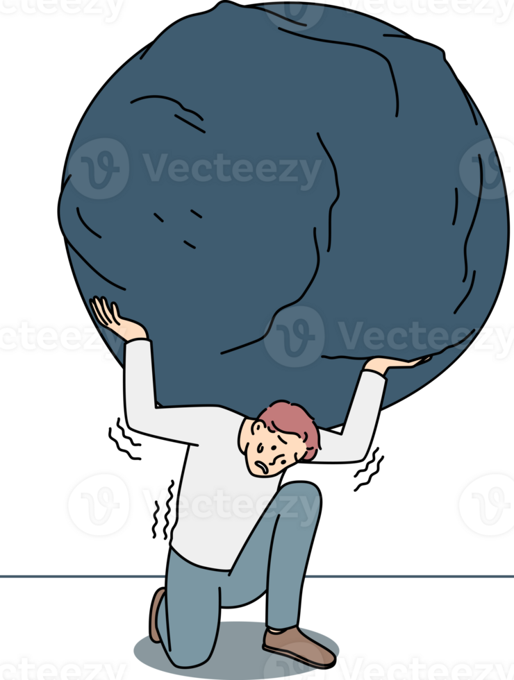 Stressed man carrying heavy stone on shoulders 24501137 PNG