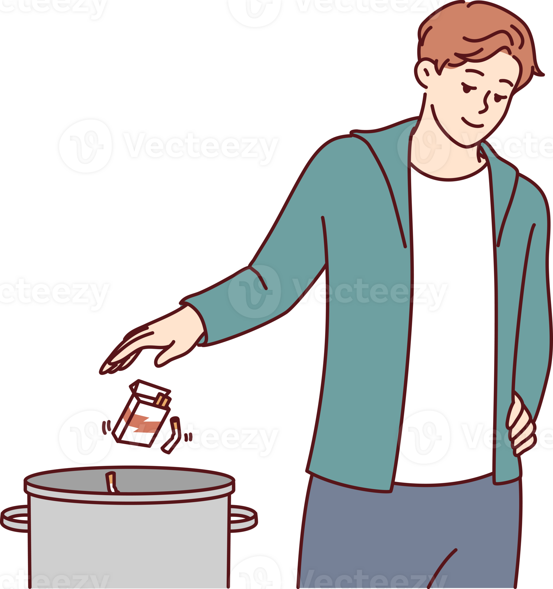 Man throws pack of cigarettes into trash can after quitting bad habit