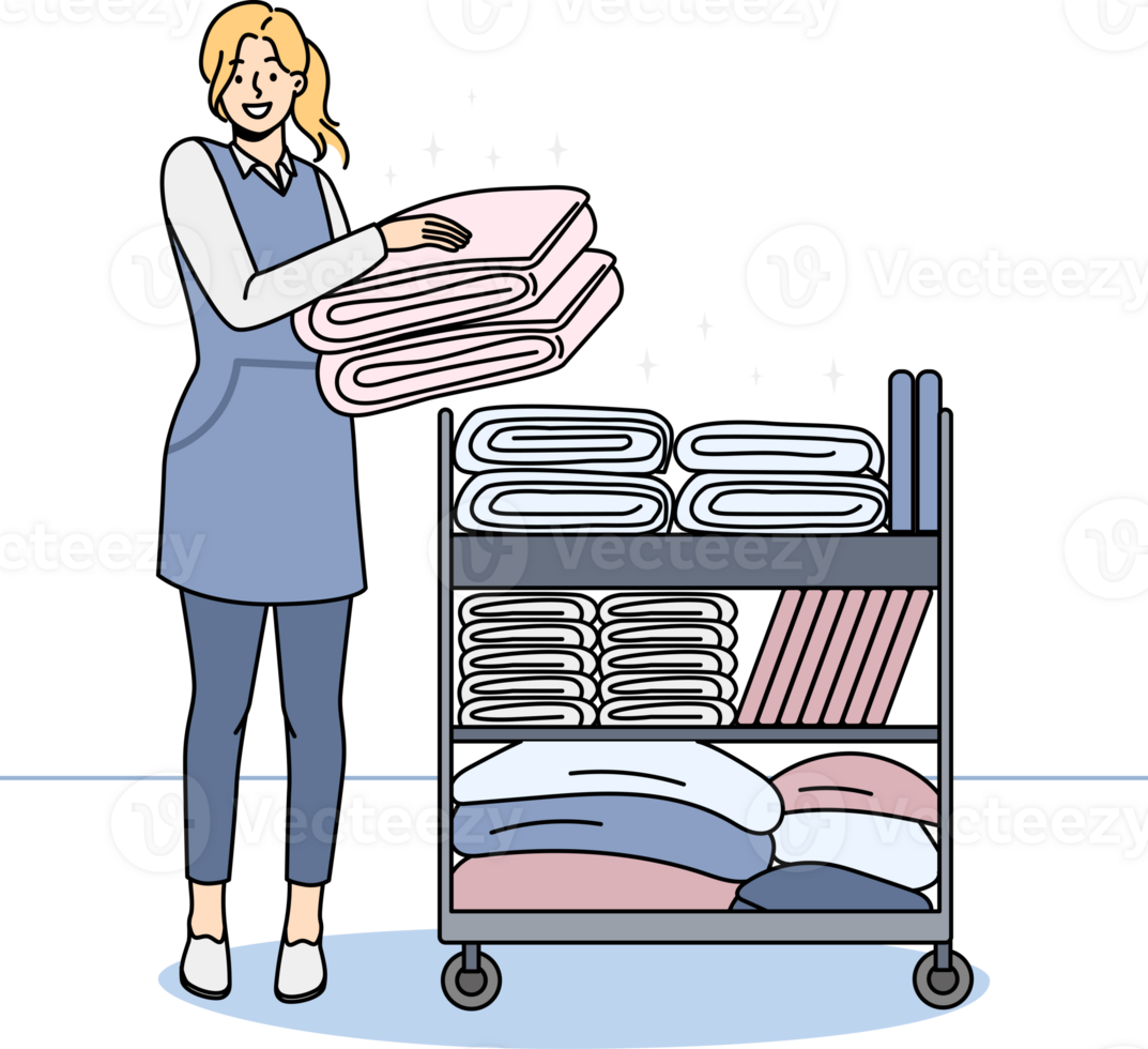 Smiling housekeeper with trolley with clean towels png