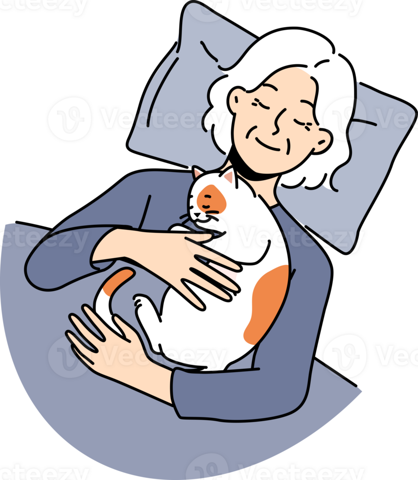 Smiling old woman lying in bed with cat on chest png