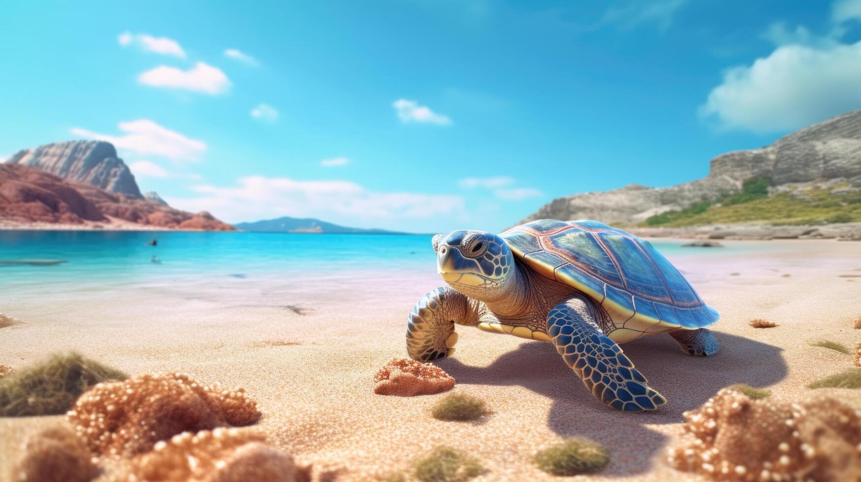 Sea turtle crawling on the sandy beach. Illustration photo