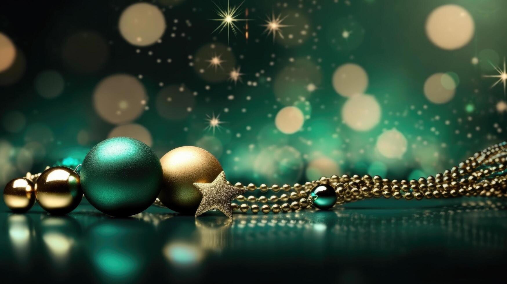 Luxury Christmas card with realistic gold and green balls. Illustration photo